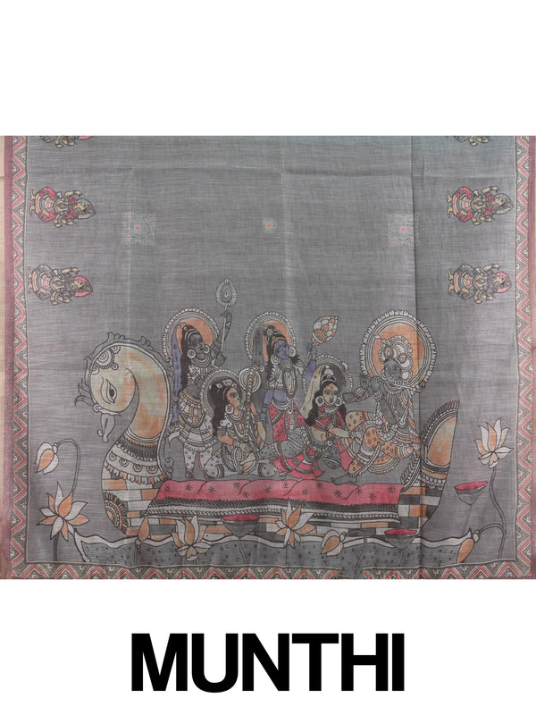 Grey linen cotton saree with Kalamkari-style figurative prints, coral chevron border and contrast mauve blouse