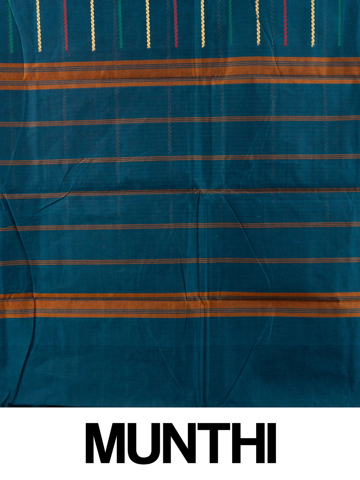 Peacock blue Chettinad cotton saree with contrast maroon temple border and green zari-striped pallu