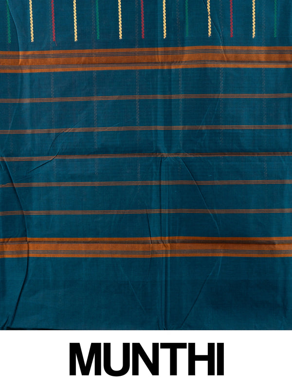 Peacock blue Chettinad cotton saree with contrast maroon temple border and green zari-striped pallu