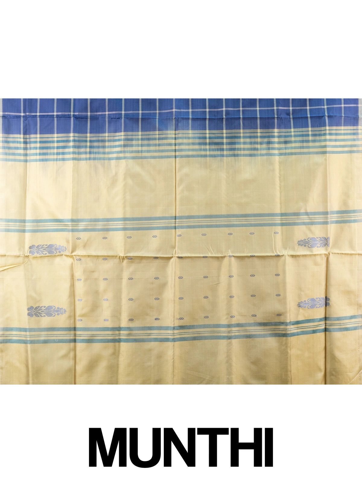 Royal blue and cream checked banana silk saree with woven butta motifs and a striped contrast pallu