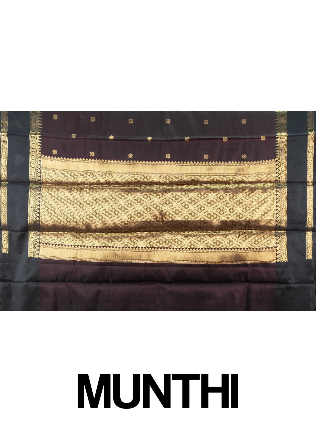 Wine brown Kanchi semi silk saree with contrast green and gold zari border and floral buttas