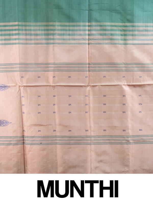 Bottle green banana silk saree with gold zari buttas and contrast peach striped pallu