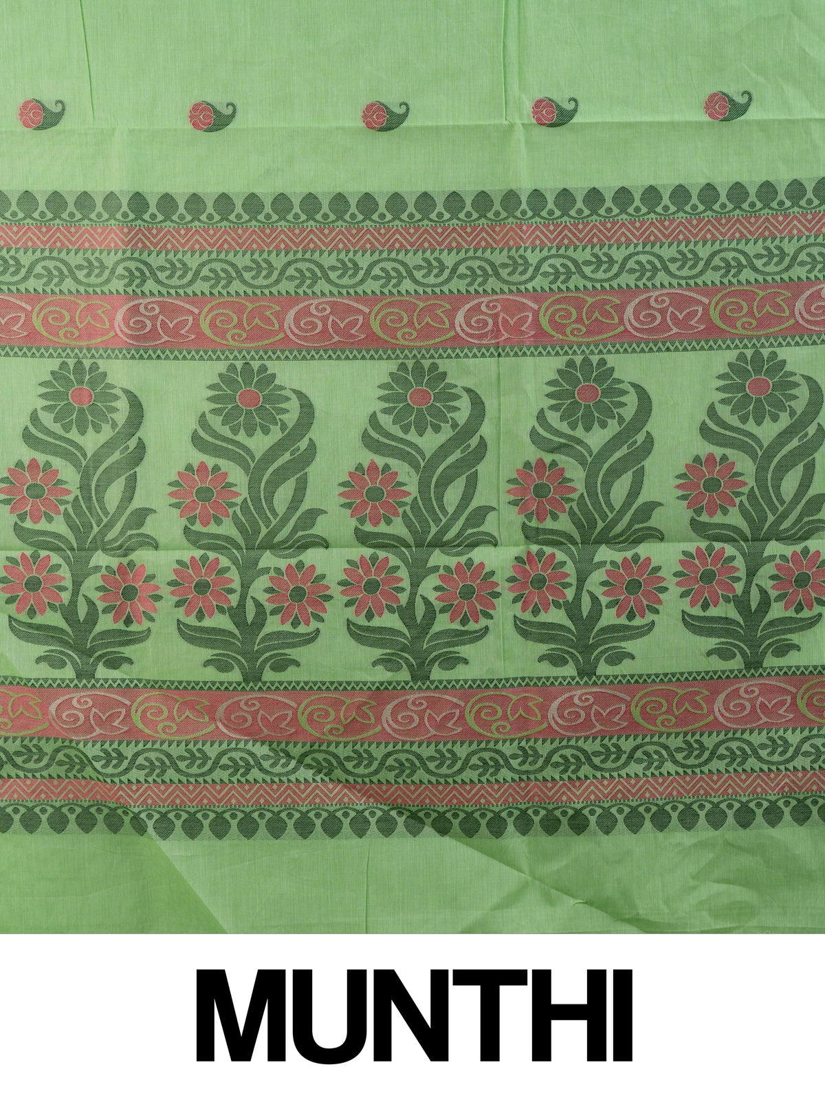 Light green silk cotton saree with pink paisley buttas, contrast grey-green border, and woven floral pallu