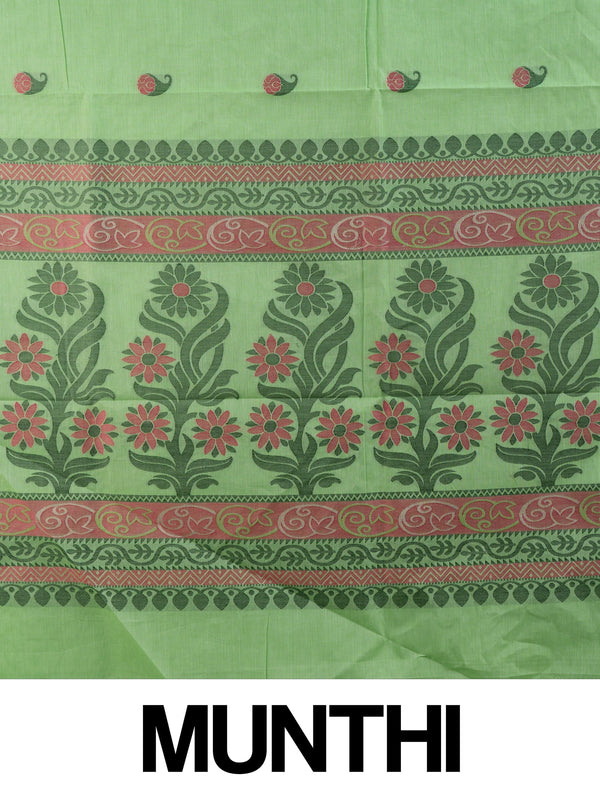 Light green silk cotton saree with pink paisley buttas, contrast grey-green border, and woven floral pallu