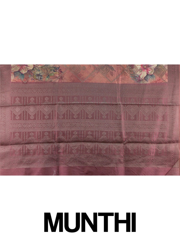 Dusty rose and mauve Semi Tussar saree with floral print and contrast zari border
