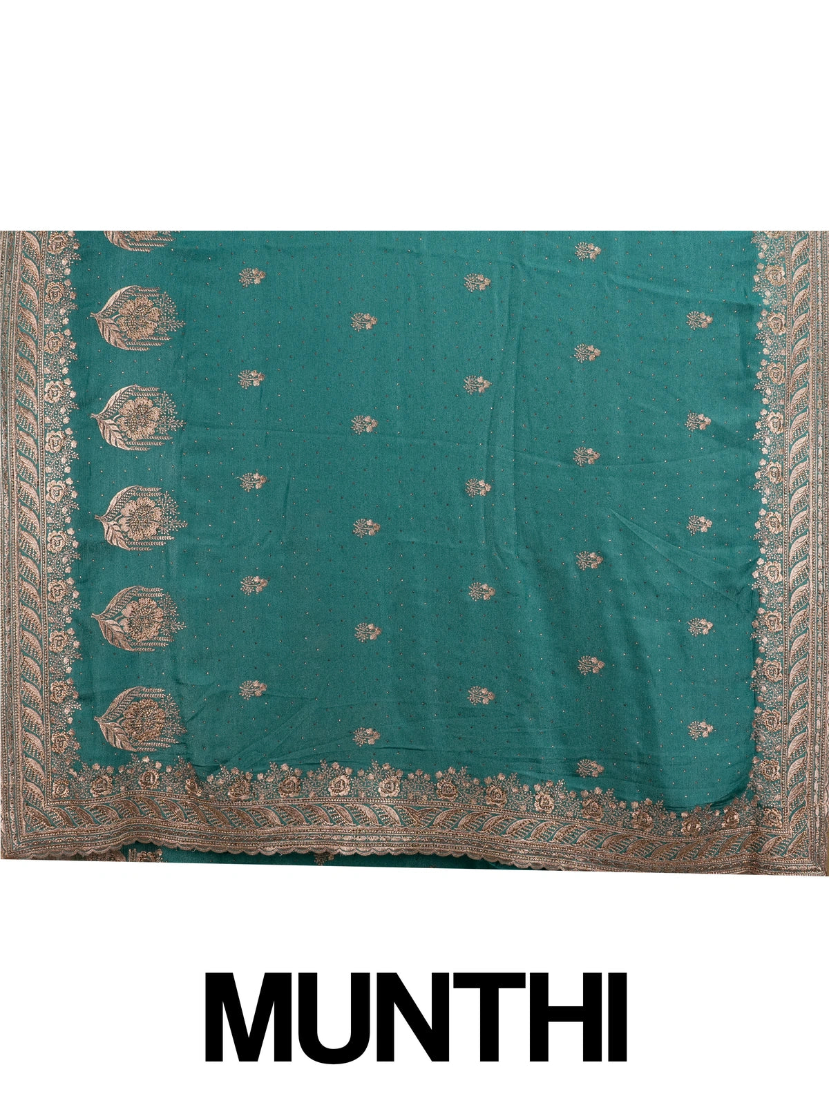 Teal green designer saree with copper floral embroidery, sequin work and scalloped embroidered border