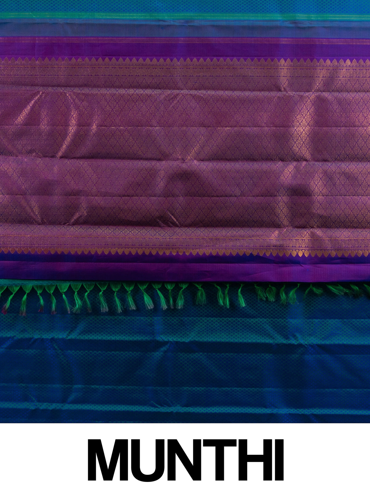 Peacock blue pure Kanchipuram silk saree with contrast purple gold zari border and paisley buttas