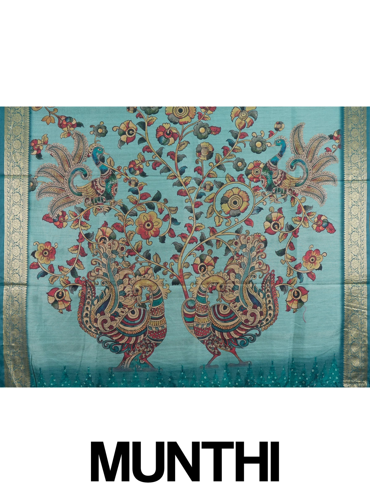 Teal blue semi tussar saree with Kalamkari floral and peacock print and gold zari border