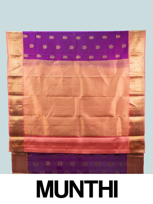 Purple pure Kanchipuram silk saree with contrast peach gold zari border and buttas