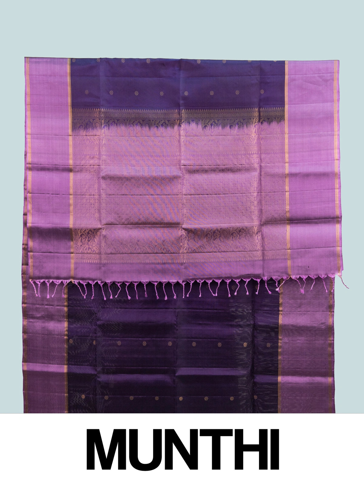 Purple and lavender pure soft silk saree with gold zari border and paisley pallu