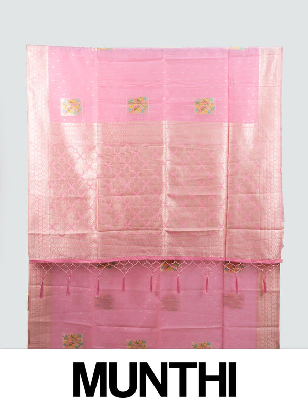 Pink linen cotton saree with gold zari border, floral motifs and tasselled pallu