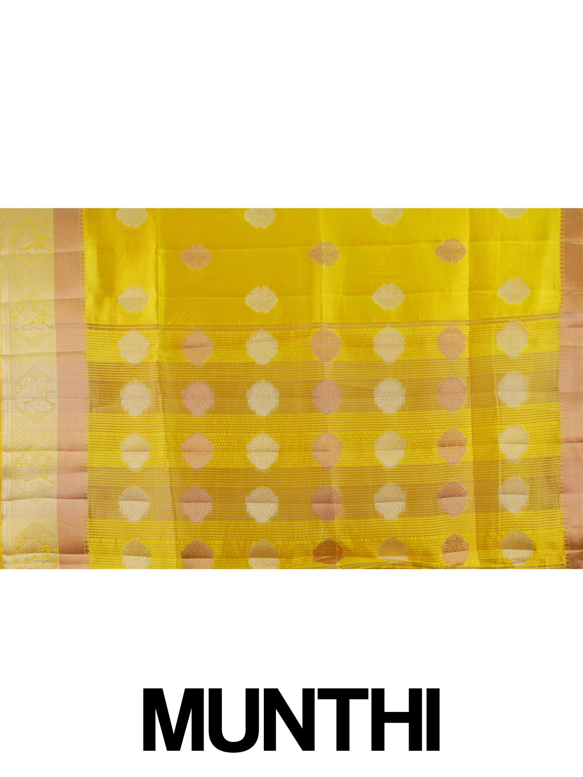 Bright yellow semi tussar saree with silver and gold zari butta motifs and contrast zari border