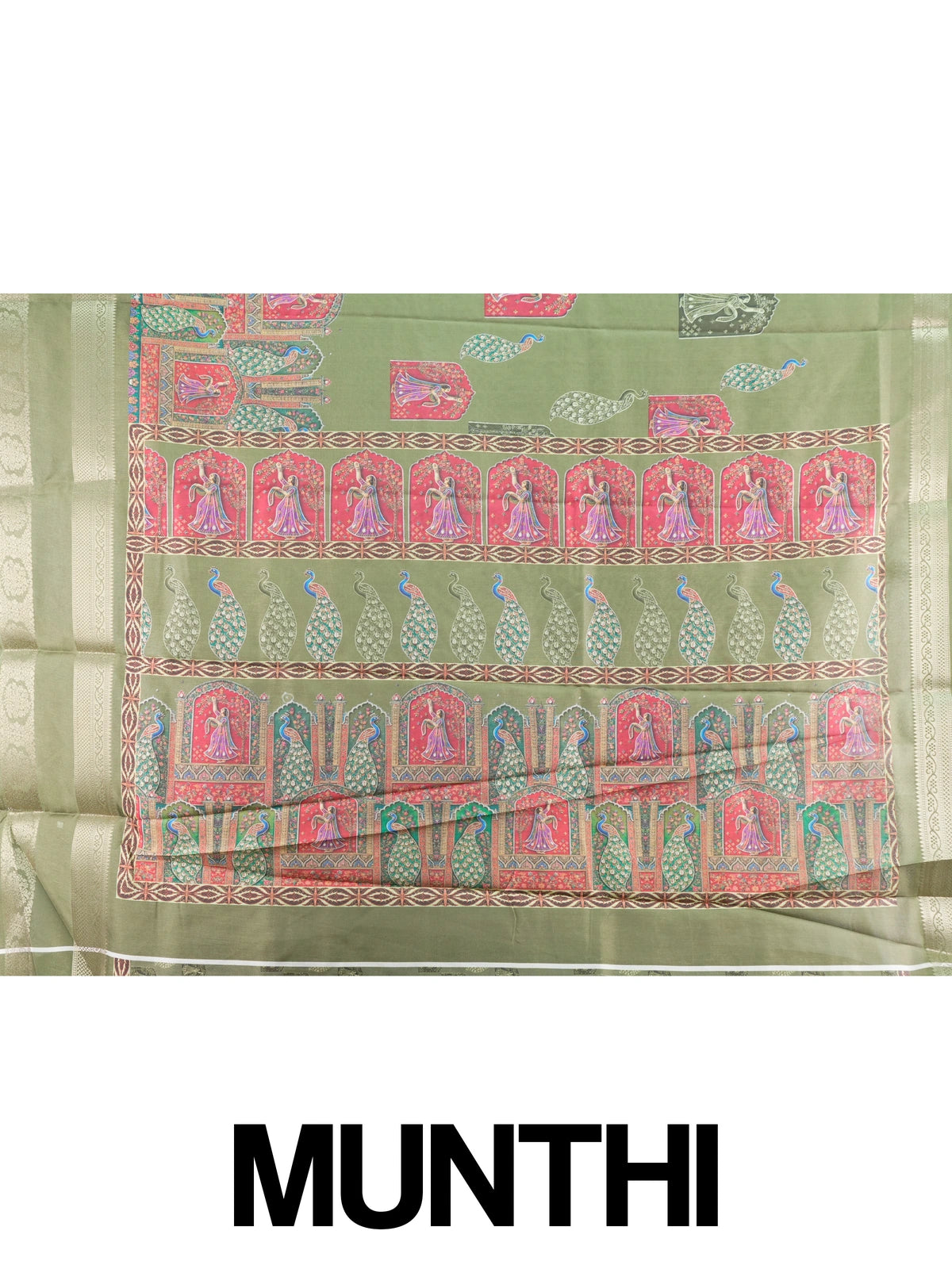 Olive green Dola silk saree with multicolour dancing lady and peacock prints and gold zari border