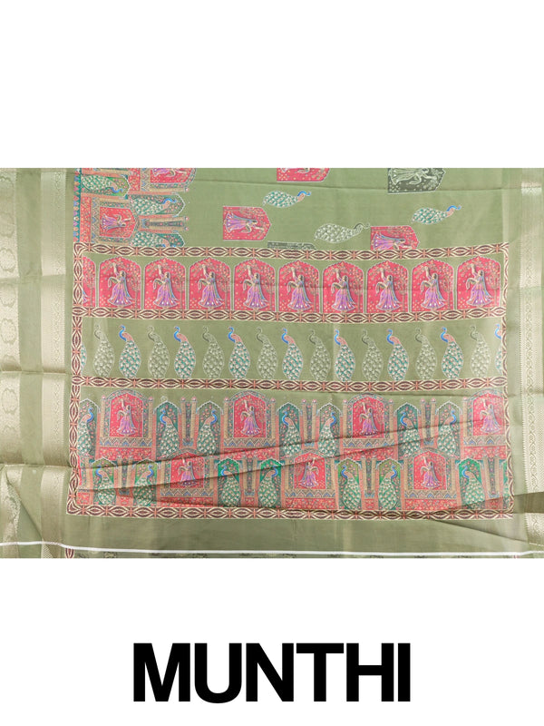 Olive green Dola silk saree with multicolour dancing lady and peacock prints and gold zari border
