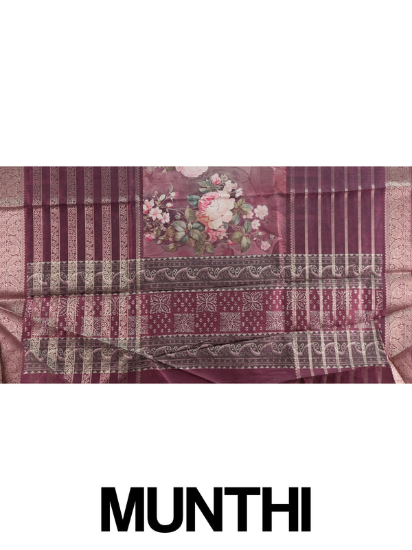 Wine semi tussar saree with gold zari stripes, floral print pallu and zari border