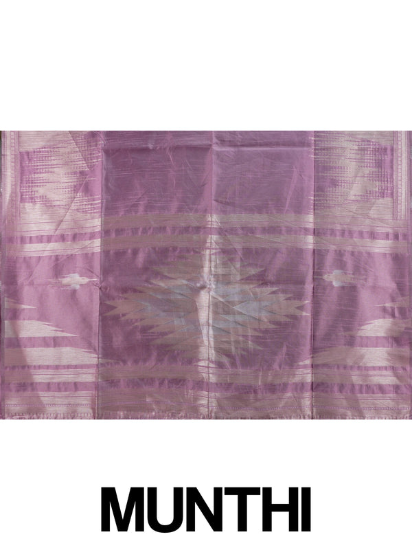Mauve semi tussar saree with silver zari streaks and temple motif border