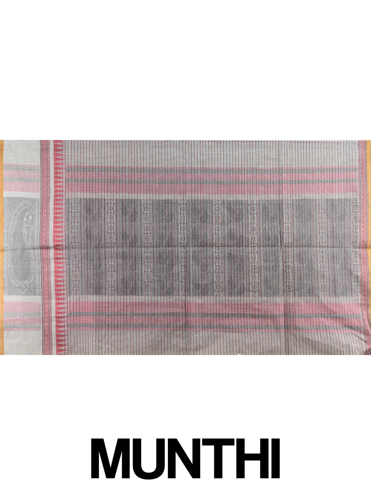 Grey linen cotton saree with maroon pinstripes, mustard contrast border, and paisley woven pallu