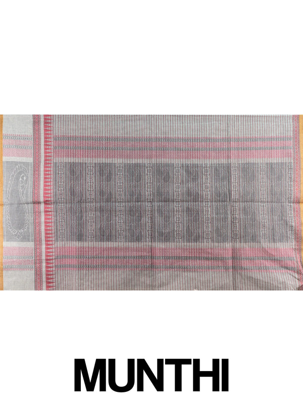 Grey linen cotton saree with maroon pinstripes, mustard contrast border, and paisley woven pallu