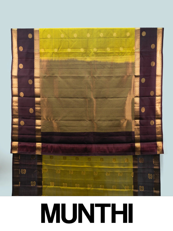 Mehndi green pure Kanchipuram silk saree with maroon contrast border and gold zari buttas