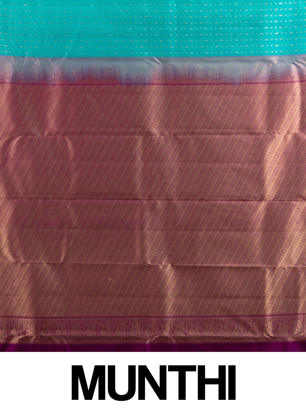 Teal pure Kanchipuram silk saree with gold zari butis and contrast magenta zari border and pallu