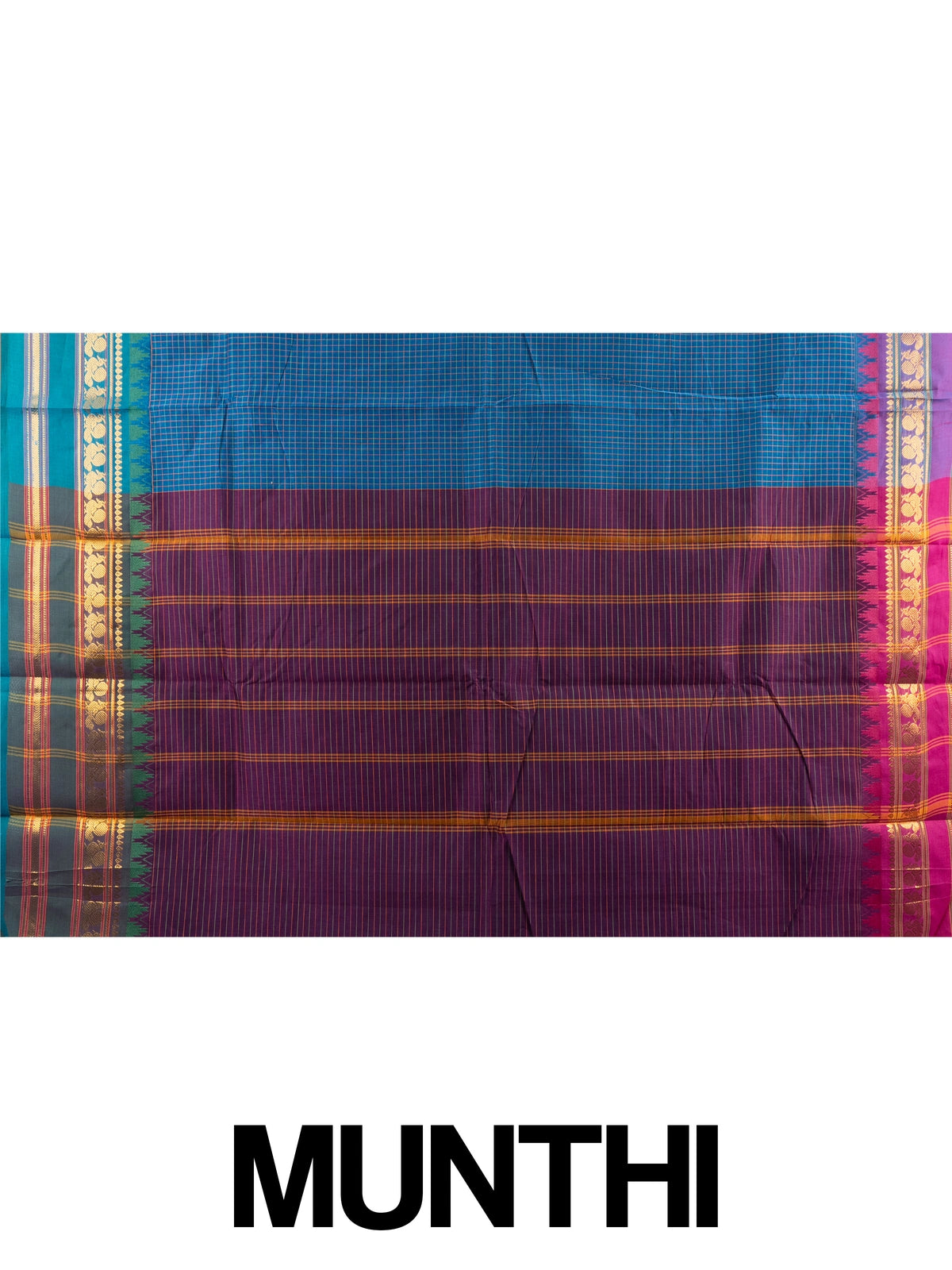 Peacock blue Chettinad cotton saree with purple and teal contrast zari borders and striped pallu