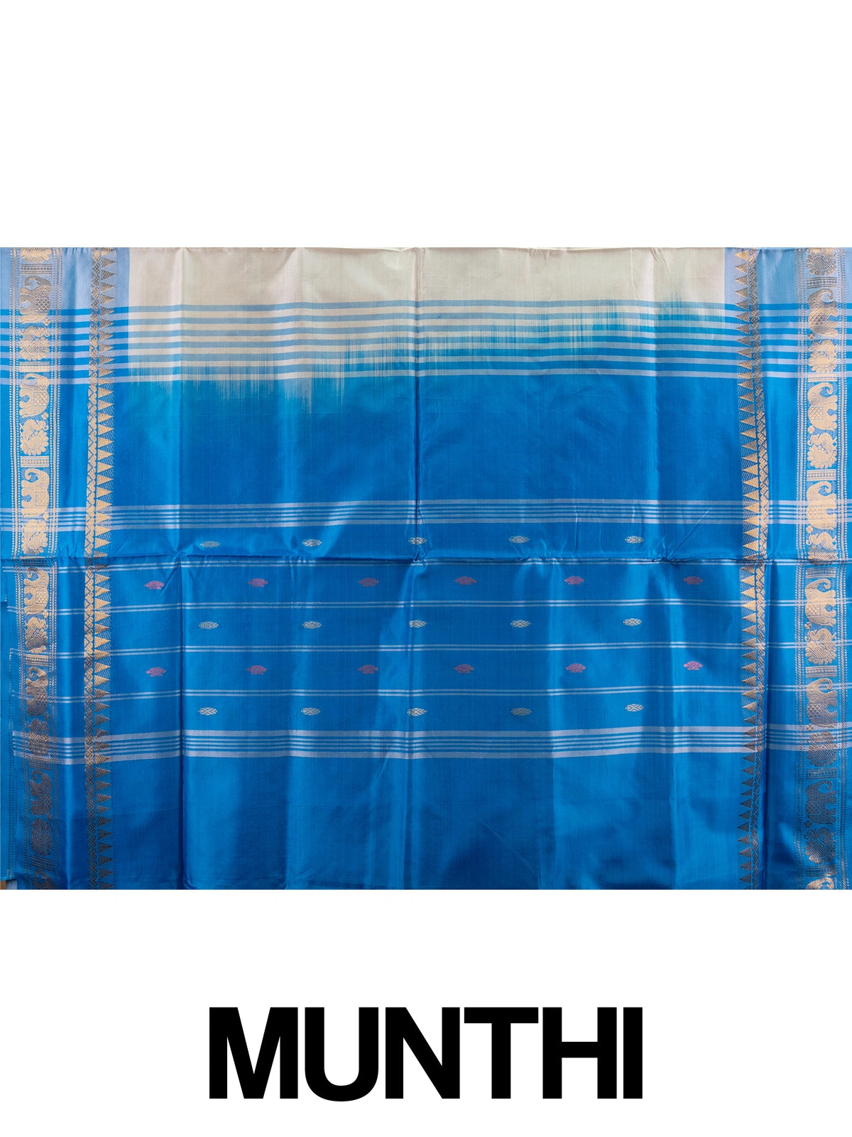 Peach banana silk saree with contrast blue zari border and elephant-peacock pallu motifs