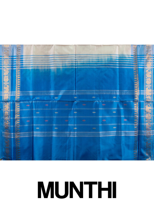 Peach banana silk saree with contrast blue zari border and elephant-peacock pallu motifs