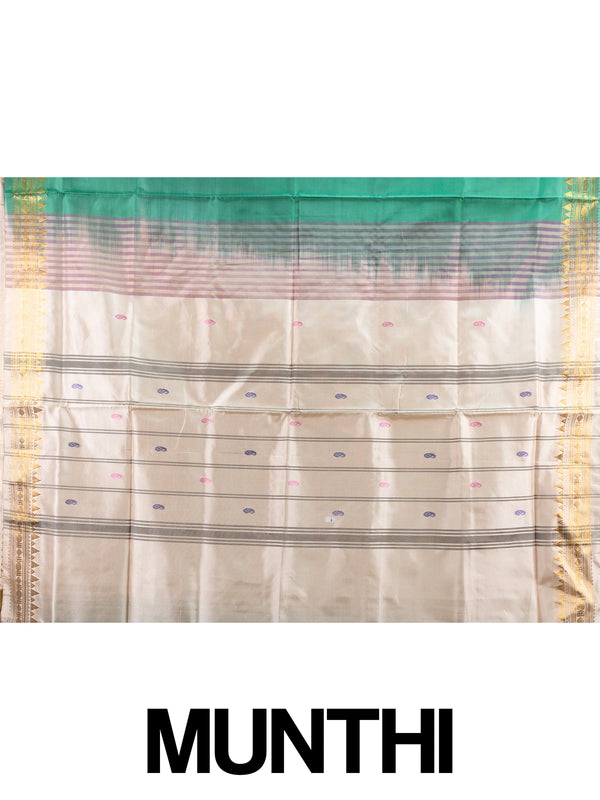 Green Banana Silk saree with gold temple zari border, paisley buttas and contrasting cream pallu