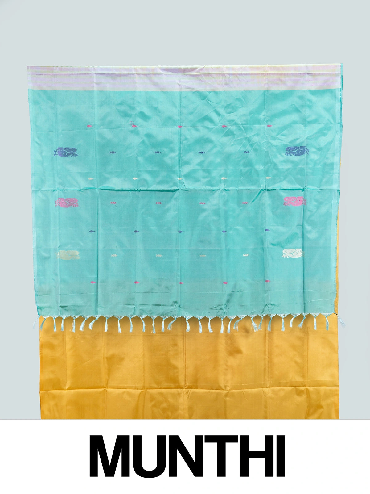 Mustard yellow banana silk saree with turquoise contrast pallu and colourful woven butta motifs
