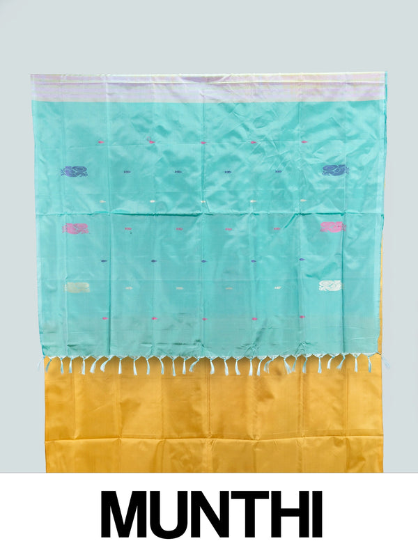 Mustard yellow banana silk saree with turquoise contrast pallu and colourful woven butta motifs