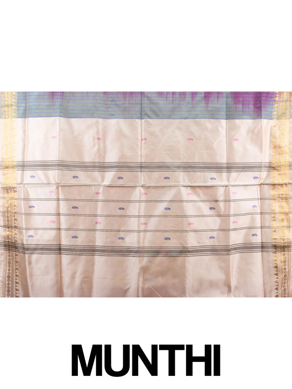 Pink Banana Silk saree with blue paisley butta, gold zari border and contrast cream striped pallu