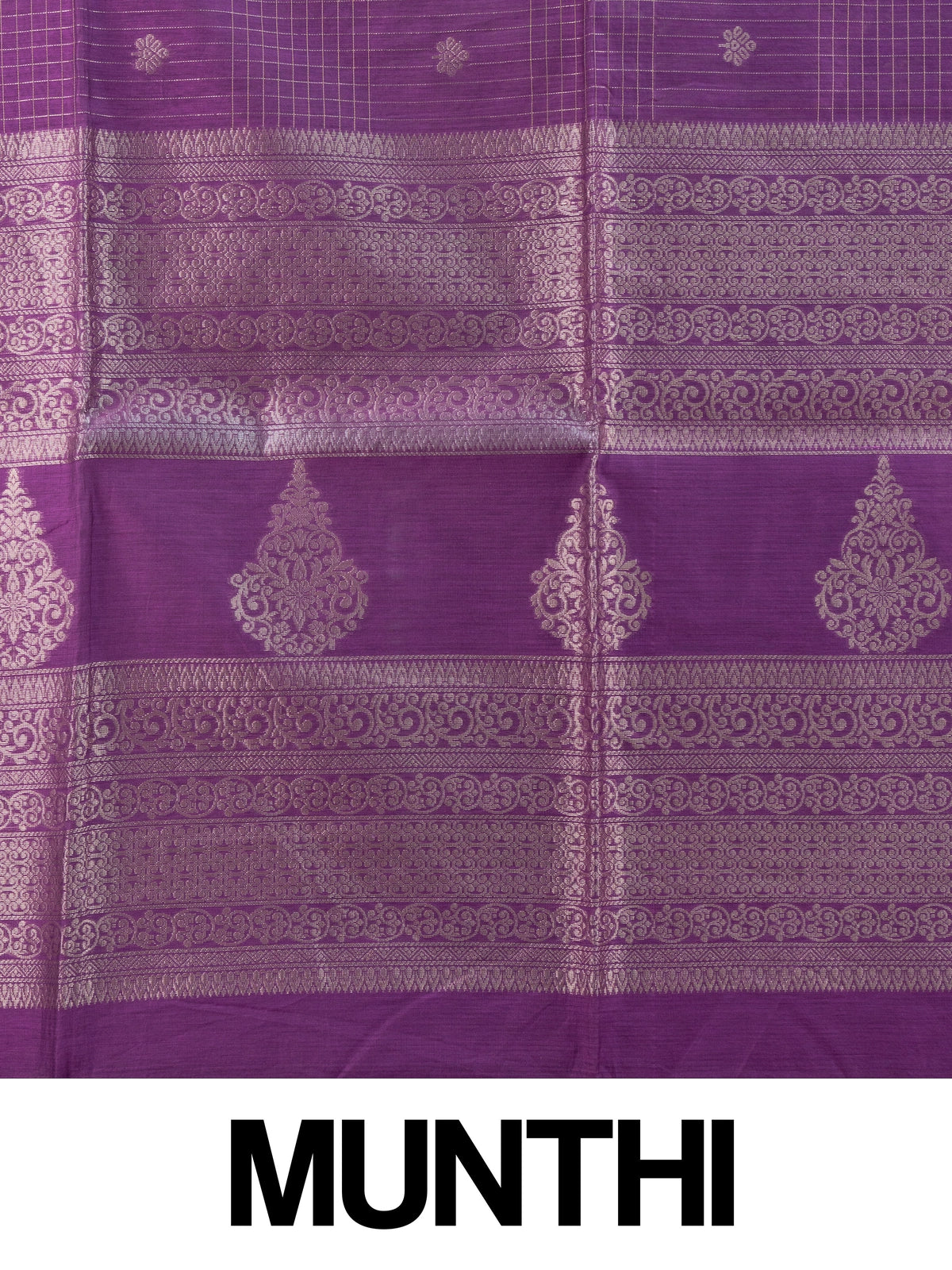 Purple silk cotton saree with silver zari checks, floral buttas and ornate woven border
