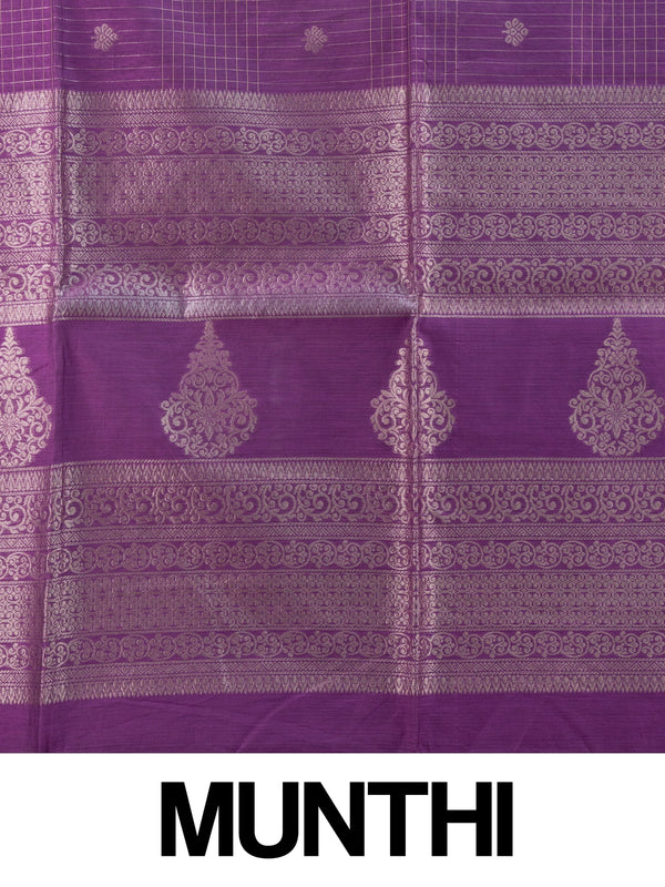 Purple silk cotton saree with silver zari checks, floral buttas and ornate woven border