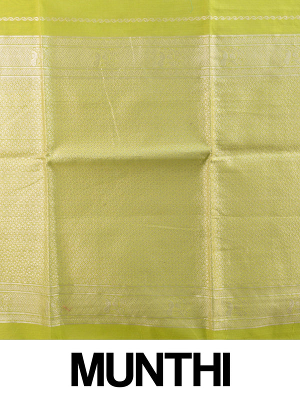 Lime green silk cotton saree with silver zari border and buttas