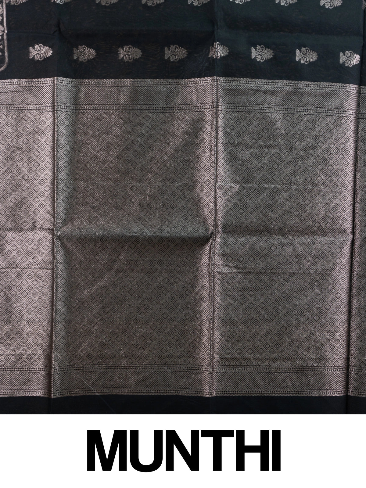 Black silk cotton saree with silver zari floral buttas and diamond-woven contrast pallu and border
