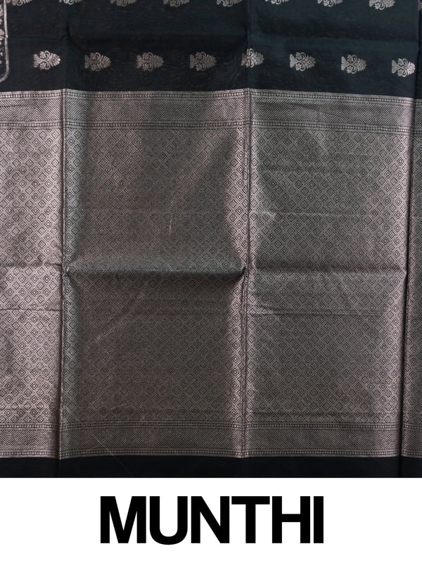 Black silk cotton saree with silver zari floral buttas and diamond-woven contrast pallu and border