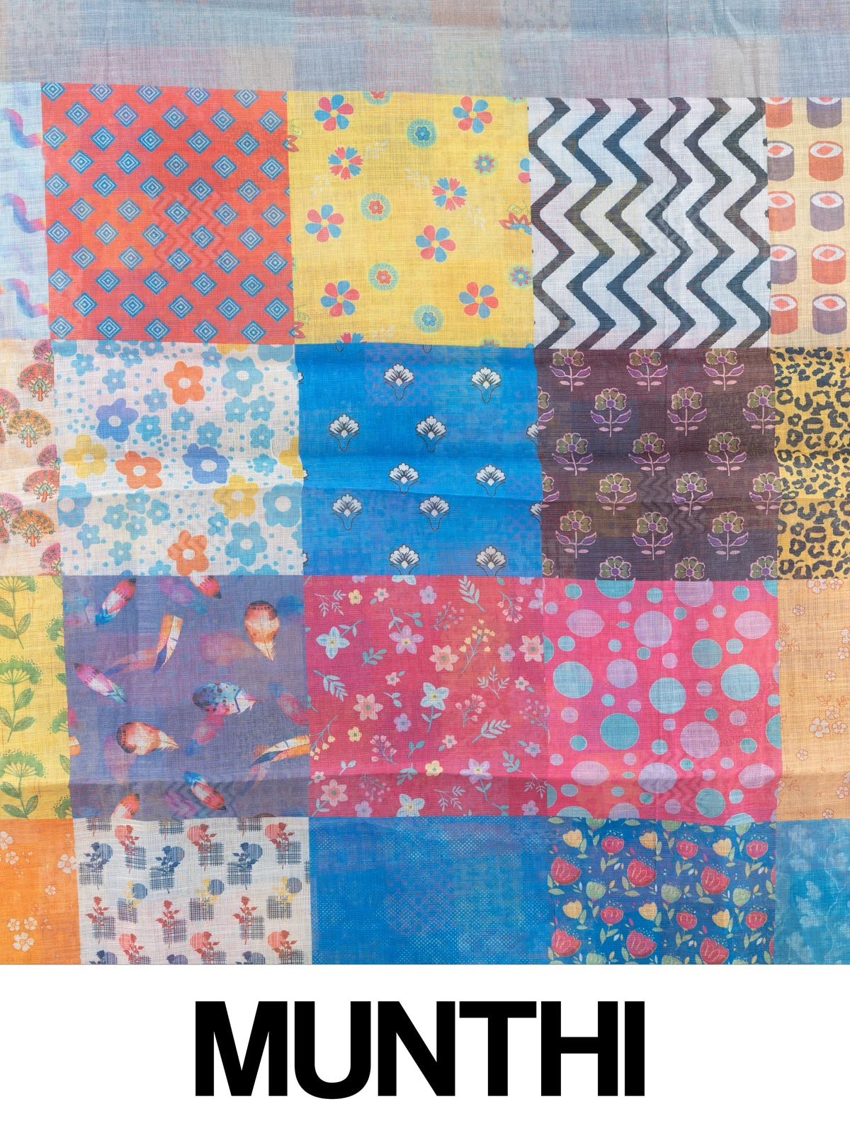Grey linen cotton saree with multicolour patchwork print pallu and border