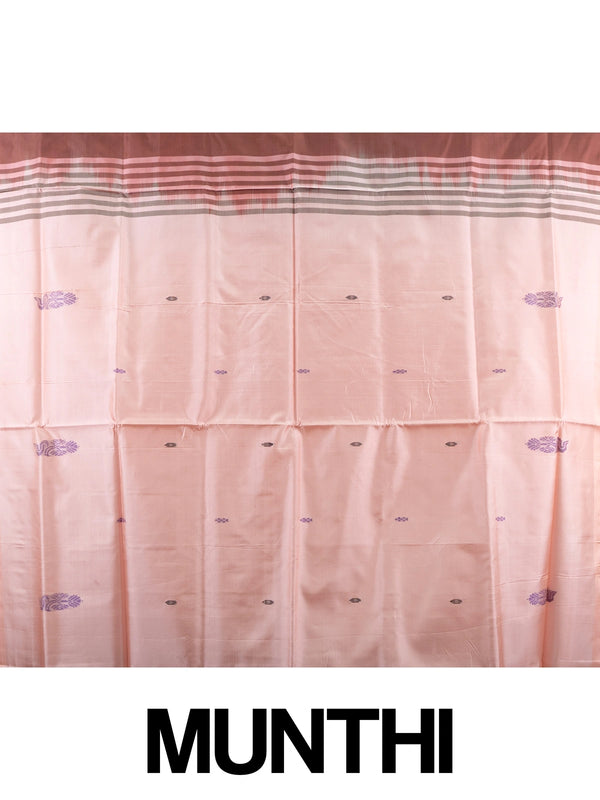 Maroon brown and peach banana silk saree with contrast pallu and woven butti motifs