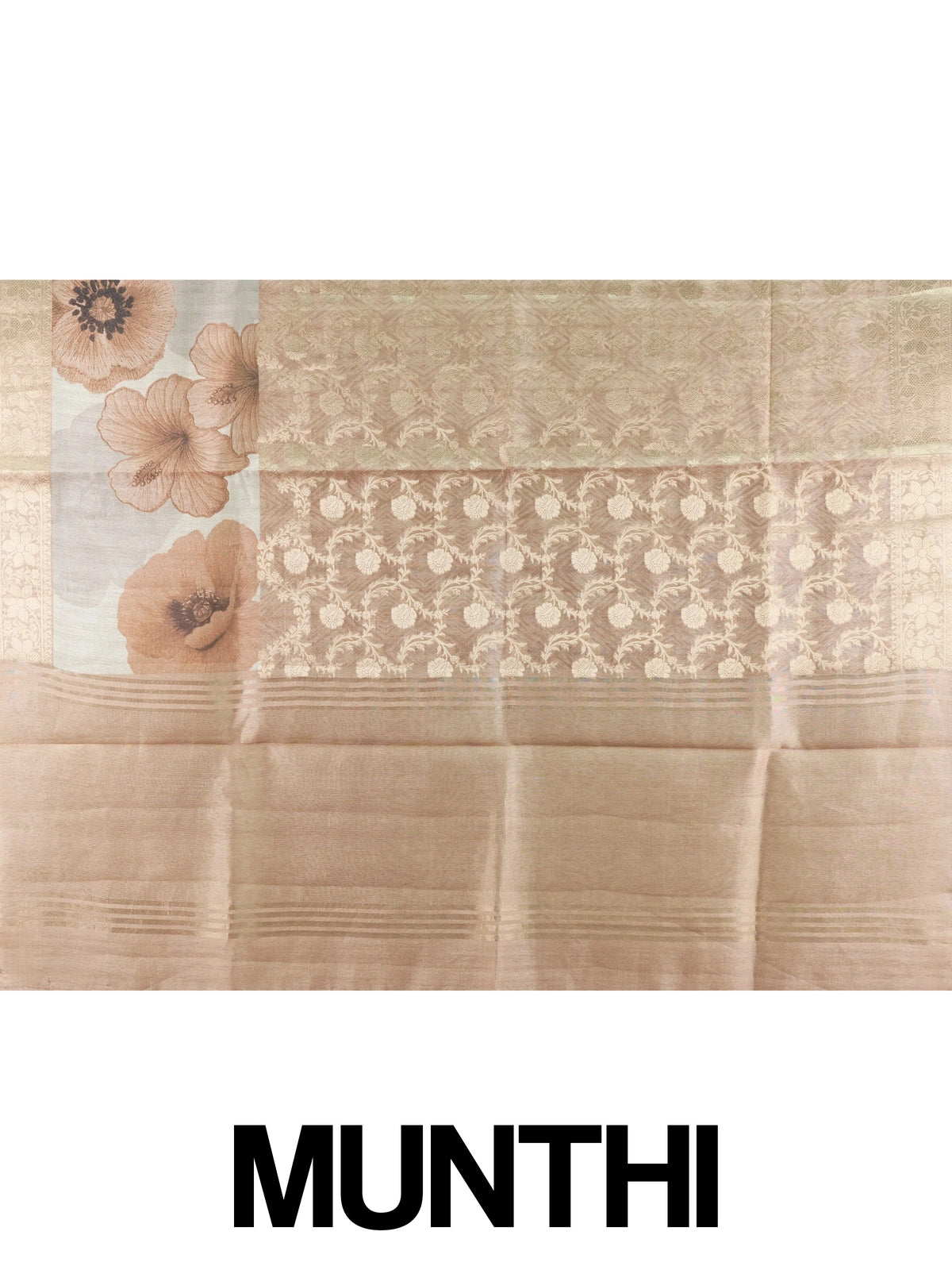 Beige and gold semi tussar saree with woven zari floral jaal and floral print pallu
