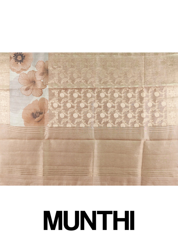 Beige and gold semi tussar saree with woven zari floral jaal and floral print pallu