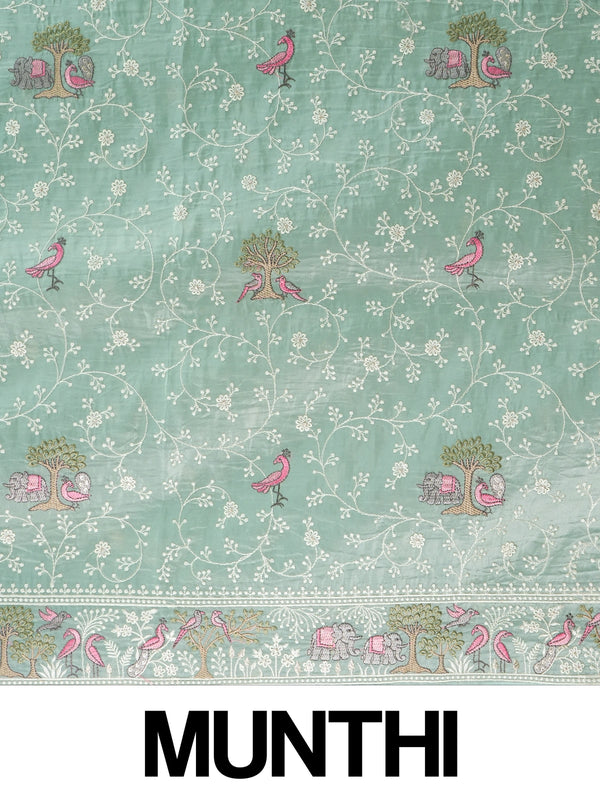 Sage green art silk designer saree with floral, bird and elephant thread embroidery and contrast aqua border