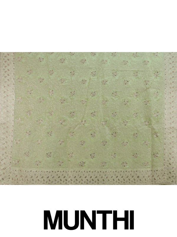 Pista green designer saree with sequin floral embroidery and contrast yellow blouse