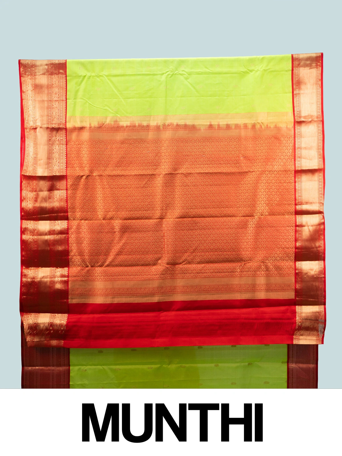 Parrot green pure Kanchipuram silk saree with contrast red gold zari border and pallu