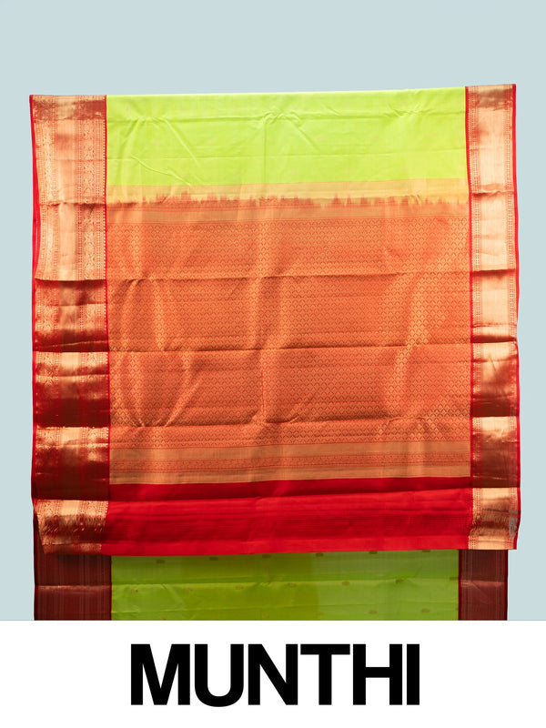Parrot green pure Kanchipuram silk saree with contrast red gold zari border and pallu