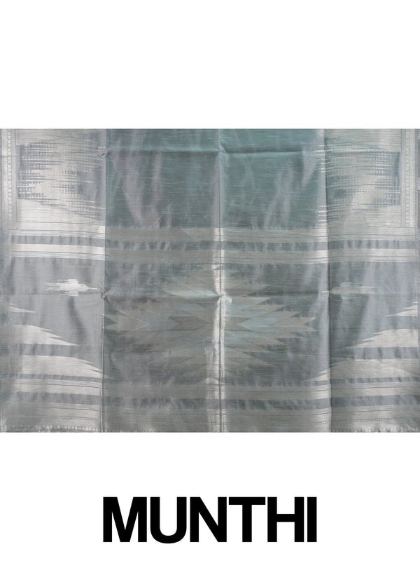 Grey semi tussar saree with silver zari border and temple-motif pallu