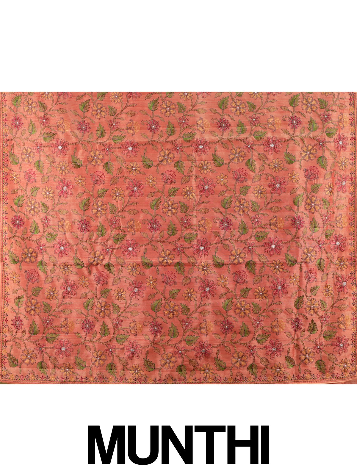 Coral art silk designer saree with multicolour allover floral embroidery and paisley border