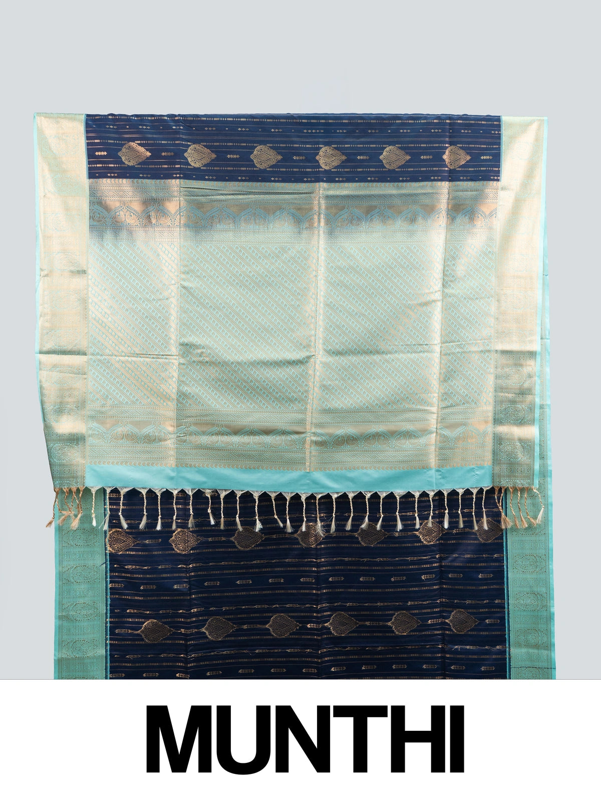 Navy blue Kanchipuram fancy silk saree with sea-green contrast zari border and gold zari motifs