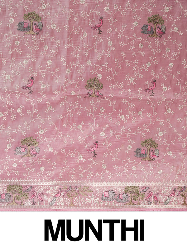 Pastel pink embroidered designer saree with floral jaal, bird and elephant motifs and pom-pom border