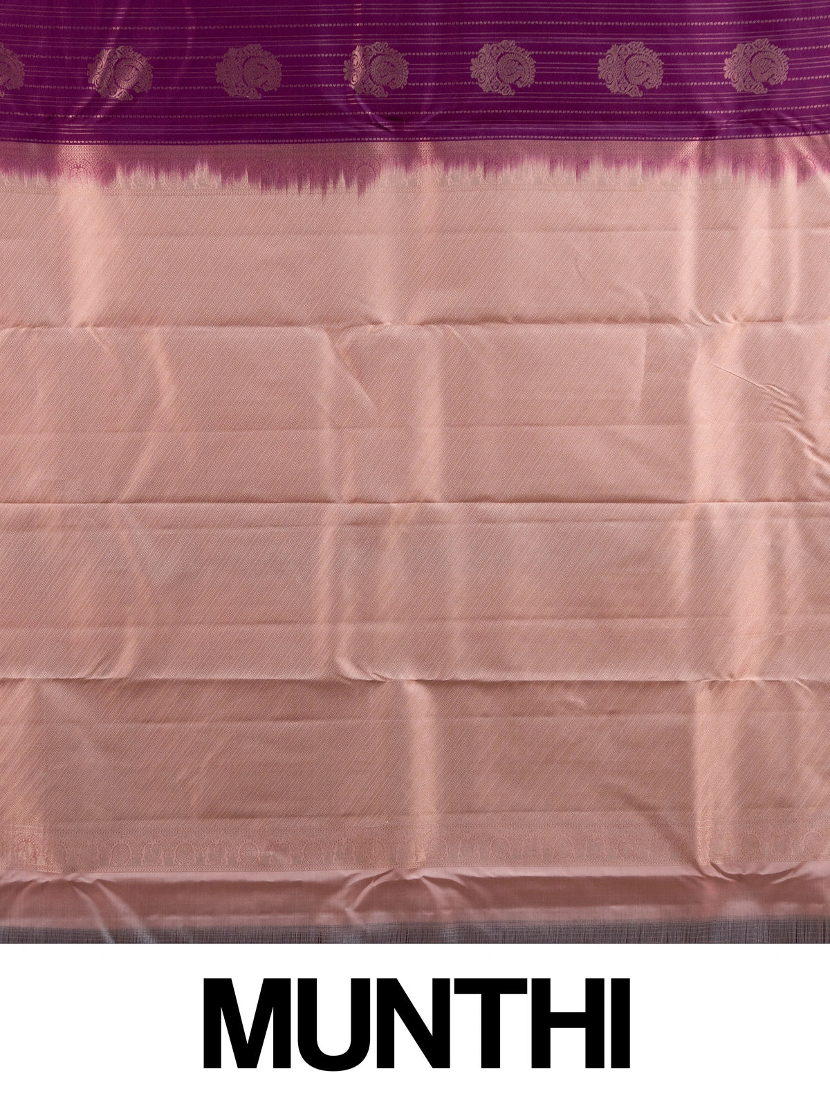 Purple pure Kanchipuram silk saree with peach zari contrast border and paisley zari buttas