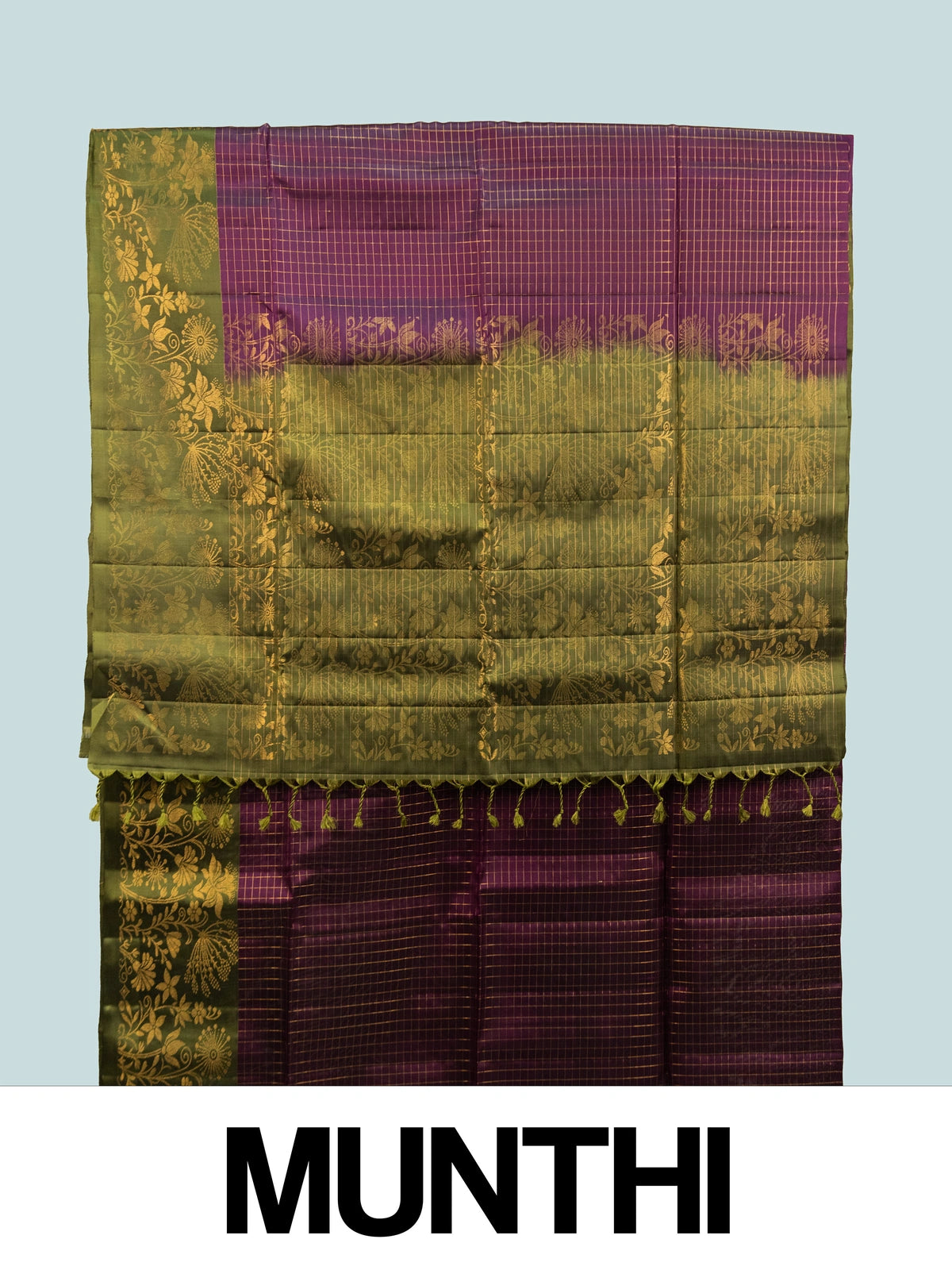 Wine purple Kanchipuram pure mix saree with gold zari checks and olive green floral zari contrast border